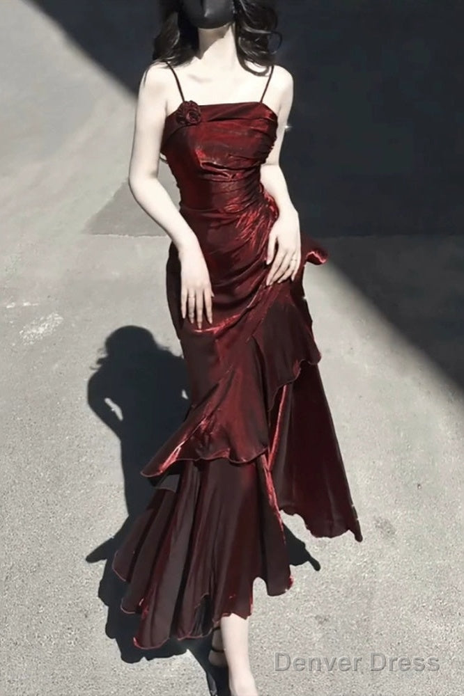 Vintage High Low Spaghetti Straps Burgundy Long Prom Dresses Birthday Outfits