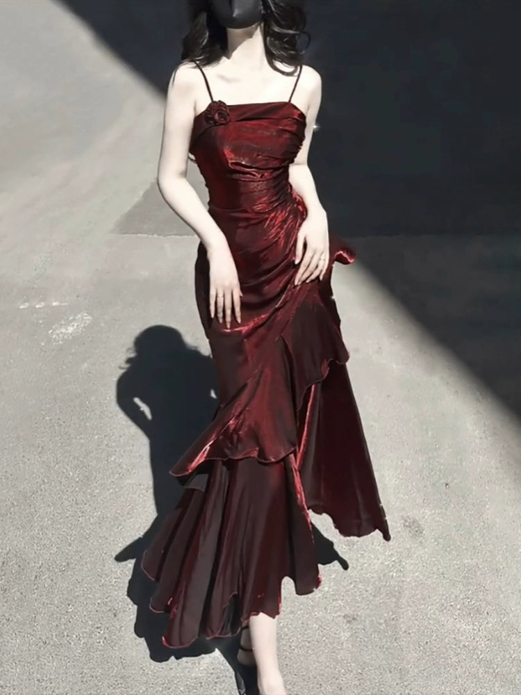 Vintage High Low Spaghetti Straps Burgundy Long Prom Dresses Birthday Outfits Secondary image