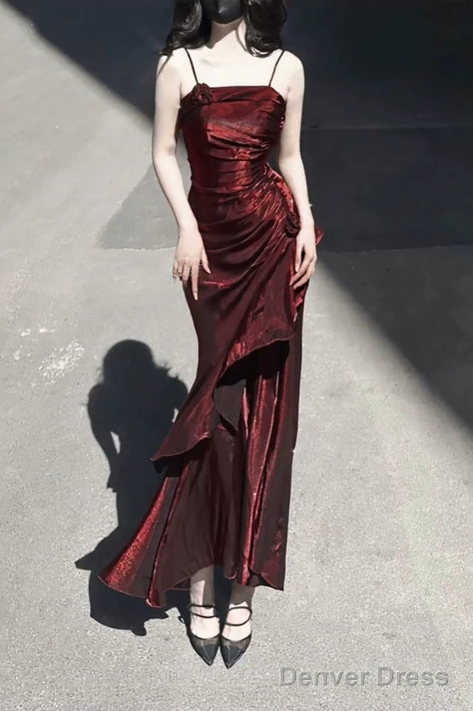 Vintage High Low Spaghetti Straps Burgundy Long Party Dresses Birthday Outfits