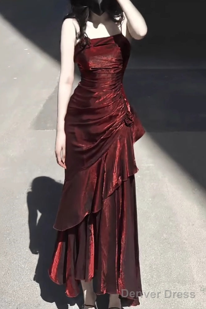 Vintage High Low Spaghetti Straps Burgundy Long Party Dresses Birthday Outfits