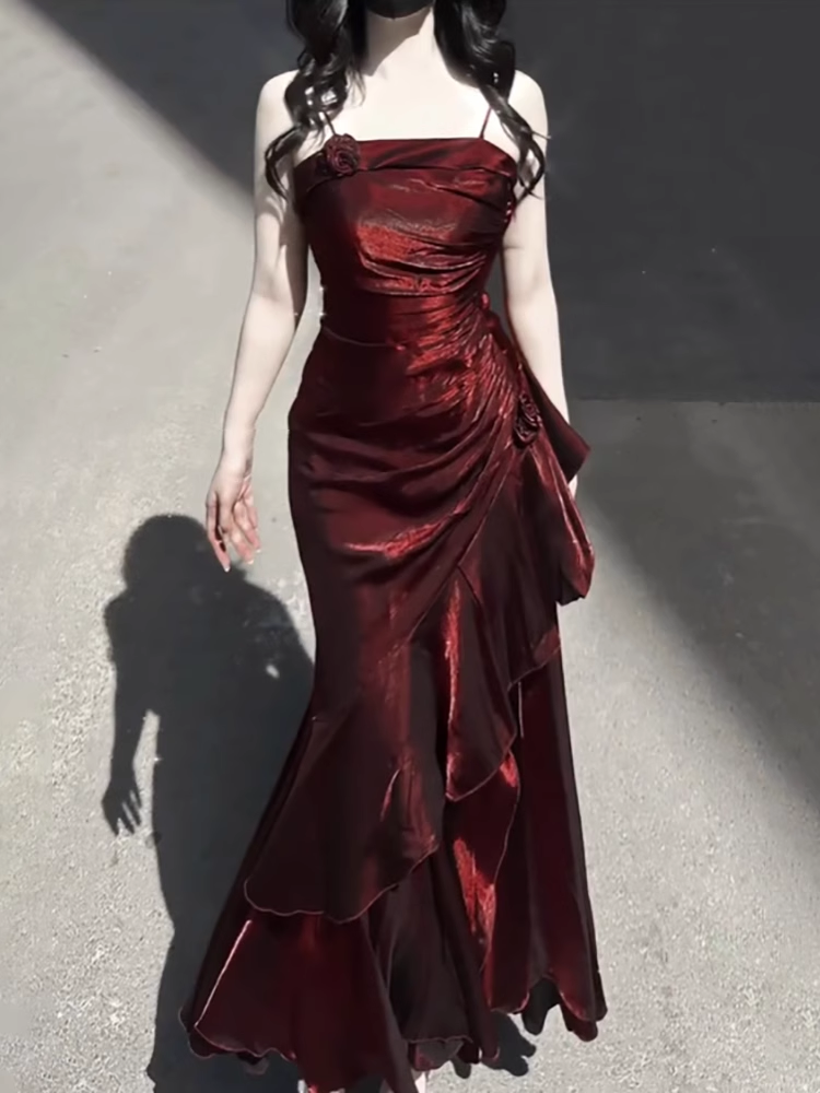 Vintage High Low Spaghetti Straps Burgundy Long Prom Dresses Birthday Outfits Main image