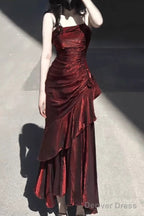 Vintage High Low Spaghetti Straps Burgundy Long Prom Dresses Birthday Outfits