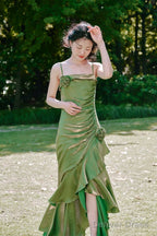 Vintage High Low Spaghetti Straps Ruffles Green Prom Dresses Birthday Outfits