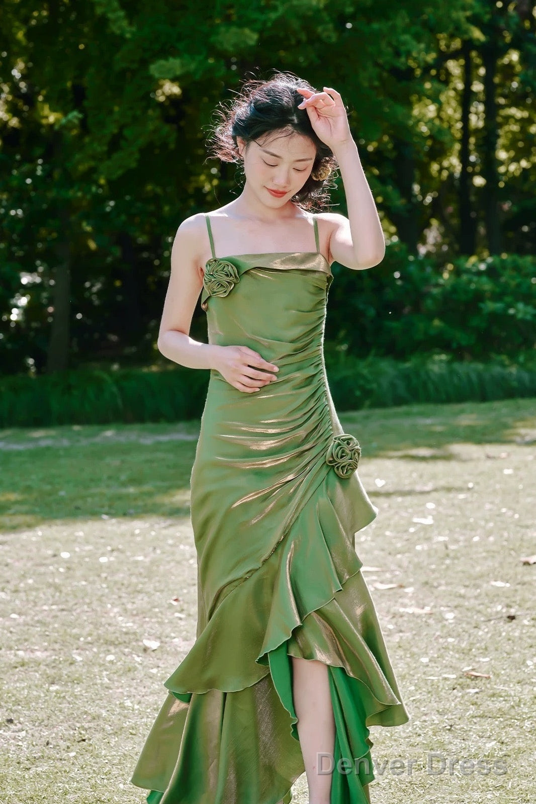 Vintage High Low Spaghetti Straps Ruffles Green Prom Dresses Birthday Outfits