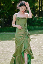 Vintage High Low Spaghetti Straps Ruffles Green Prom Dresses Birthday Outfits