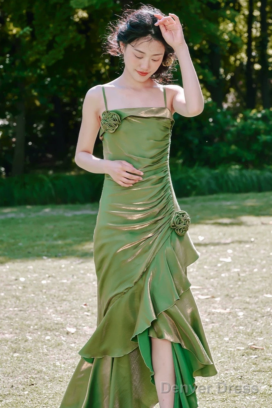 Vintage High Low Spaghetti Straps Ruffles Green Prom Dresses Birthday Outfits