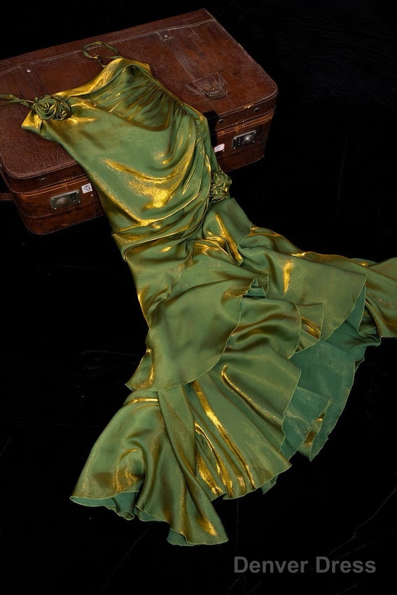 Vintage High Low Spaghetti Straps Ruffles Green Prom Dresses Birthday Outfits