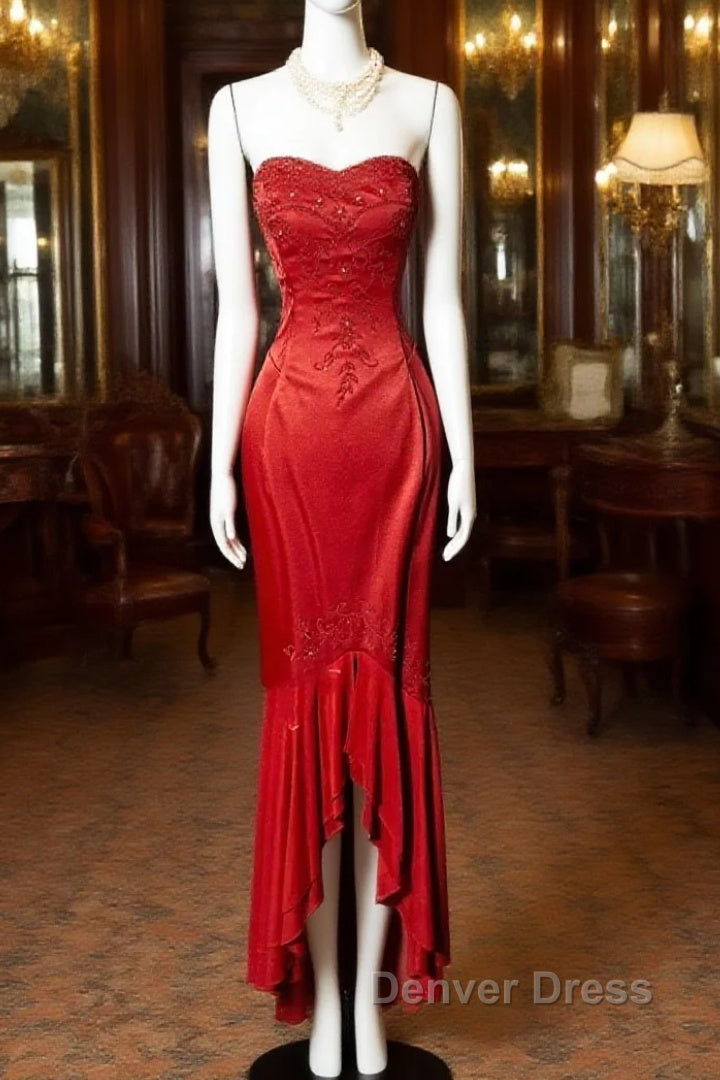 Vintage High Low Strapless Red Long Prom Gowns Fairy Prom Dresses