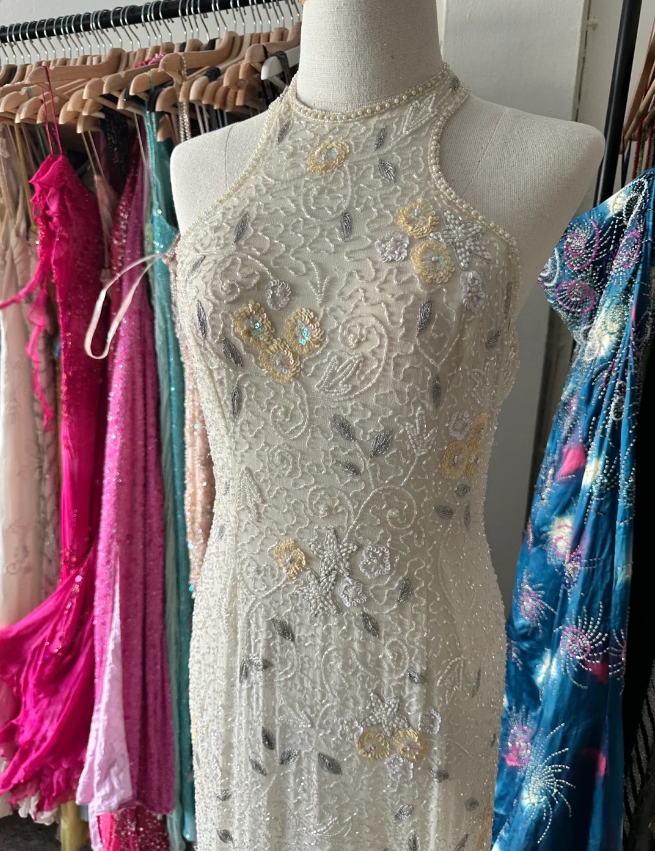 Vintage Ivory Mermaid High-Neck Beaded Floral Mesh Long Prom Dresses Evening Dresses Secondary image