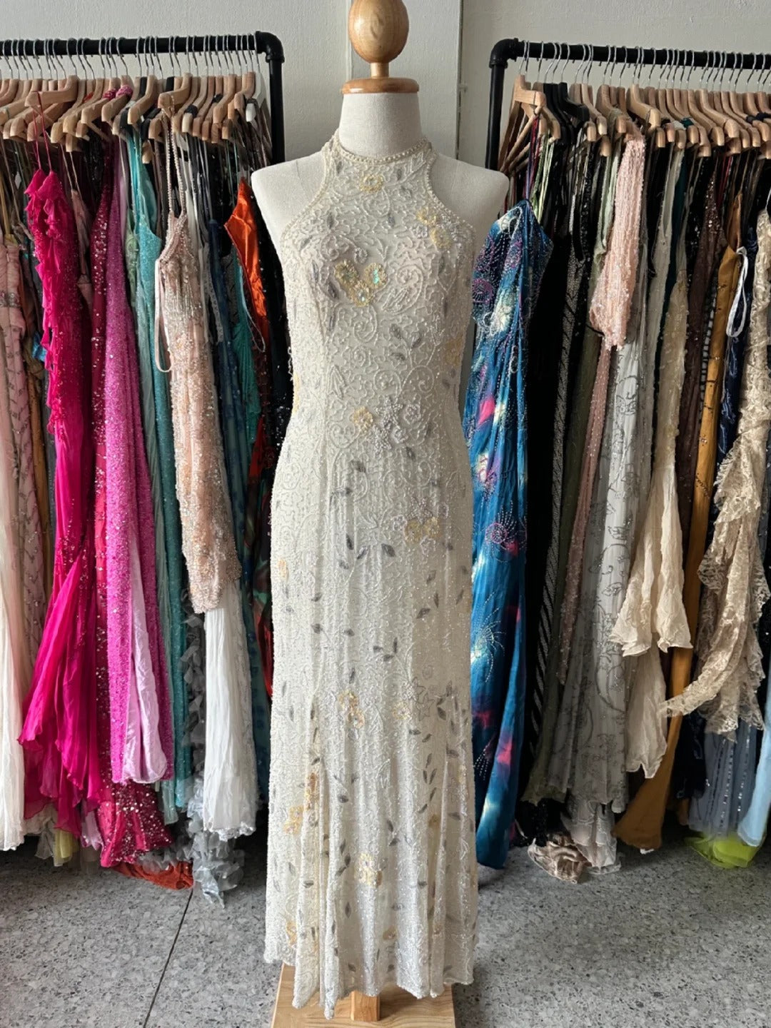 Vintage Ivory Mermaid High-Neck Beaded Floral Mesh Long Prom Dresses Evening Dresses Main image