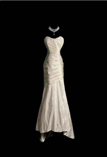 Vintage Ivory Mermaid Strapless Ruched Satin Long Prom Dresses Evening Dresses Main image