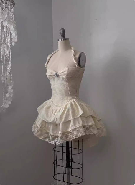 Vintage Jacquard Halter Neck Lace Trim Mini Birthday Skirt Homecoming Dresses Secondary image