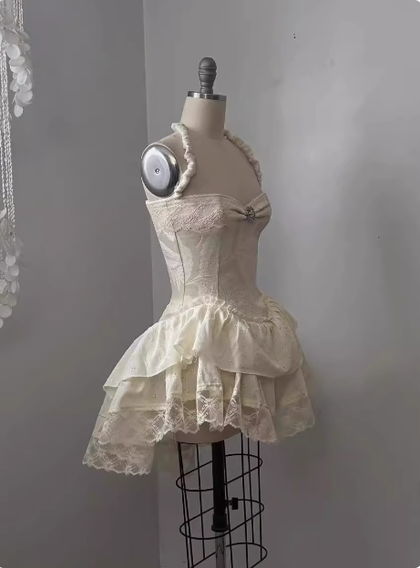 Vintage Jacquard Halter Neck Lace Trim Mini Birthday Skirt Homecoming Dresses