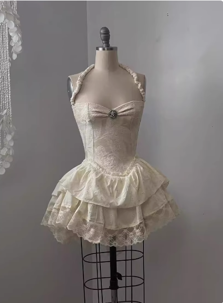 Vintage Jacquard Halter Neck Lace Trim Mini Birthday Skirt Homecoming Dresses Main image