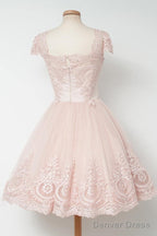 Vintage Knee Length A Line Pearl Pink Homecoming Dresses With Lace