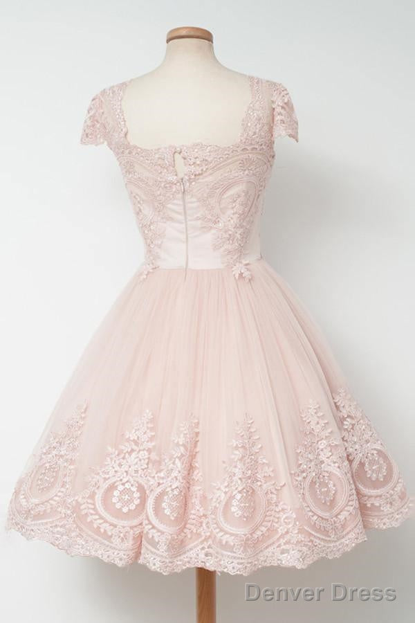 Vintage Knee Length A Line Pearl Pink Homecoming Dresses With Lace