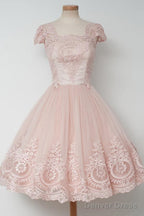 Vintage Knee Length A Line Pearl Pink Homecoming Dresses With Lace