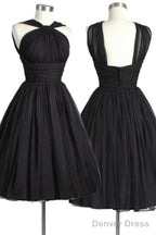 Vintage Knee-Length Sleeveless Open Back Black Homecoming Dress Ruched