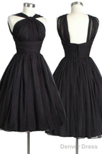 Vintage Knee Length Sleeveless Open Back Black Homecoming Dresses Ruched