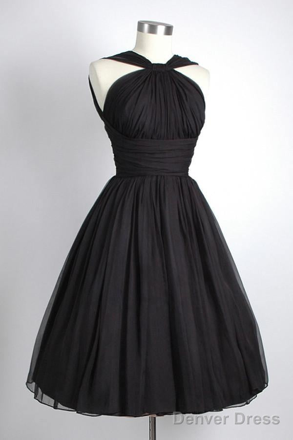 Vintage Knee Length Sleeveless Open Back Black Homecoming Dresses Ruched Main image