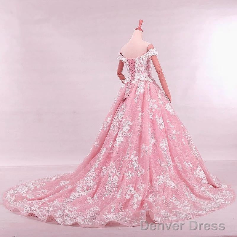 Vintage Lace Appliques Off Shoulder Pink Lace Wedding Dress Ball Gowns