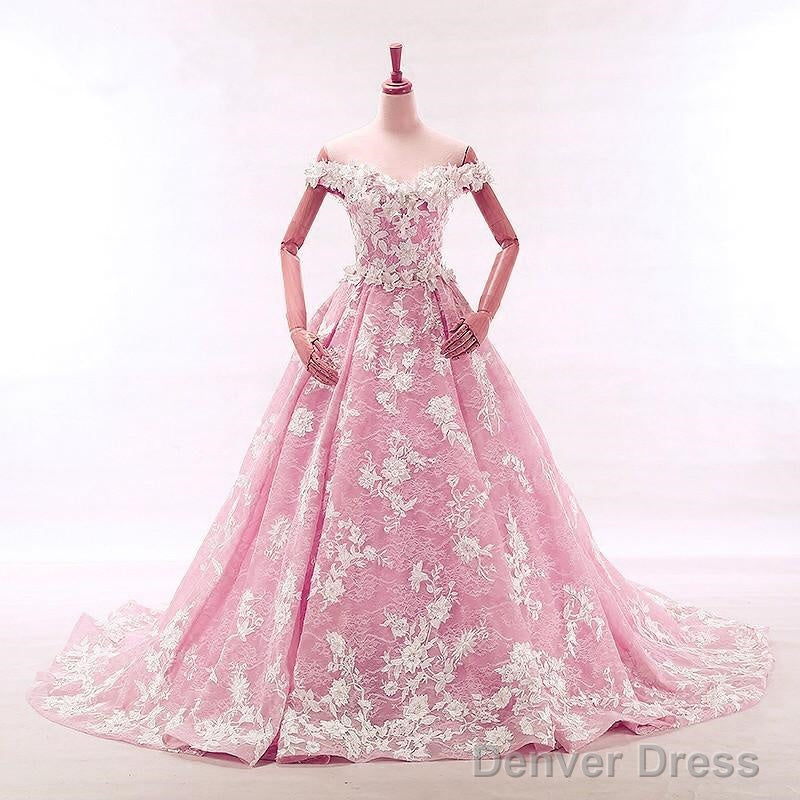 Vintage Lace Appliques Off Shoulder Pink Lace Wedding Dress Ball Gowns