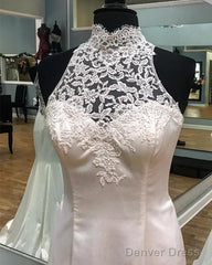 Vintage Lace Halter Satin Mermaid Fitting Wedding Dresses
