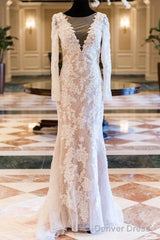 Vintage Lace Long Sleeve See Through Back Nude Mermaid Wedding Dresses,