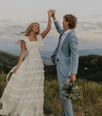 Vintage Lace Prom Dress, A Line Wedding Dress, Long Square Neck Bridal Dresses