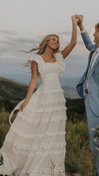 Vintage Lace Prom Dress, A Line Wedding Dress, Long Square Neck Bridal Dresses