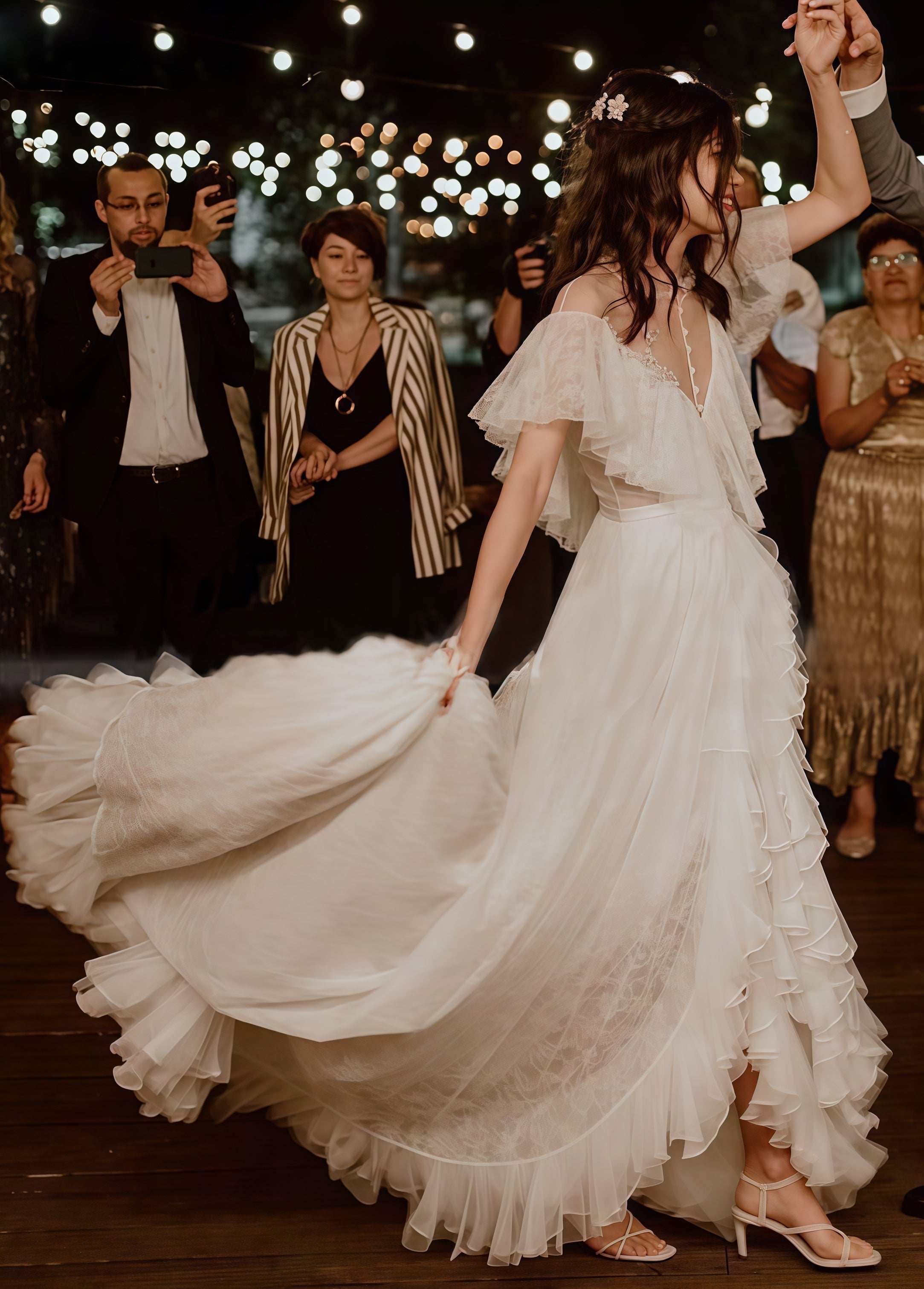Vintage Lace Ruffle Prom Dress, White Wedding Dresses With Slit Secondary image
