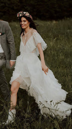 Vintage Lace Ruffle Prom Dress, White Wedding Dresses With Slit