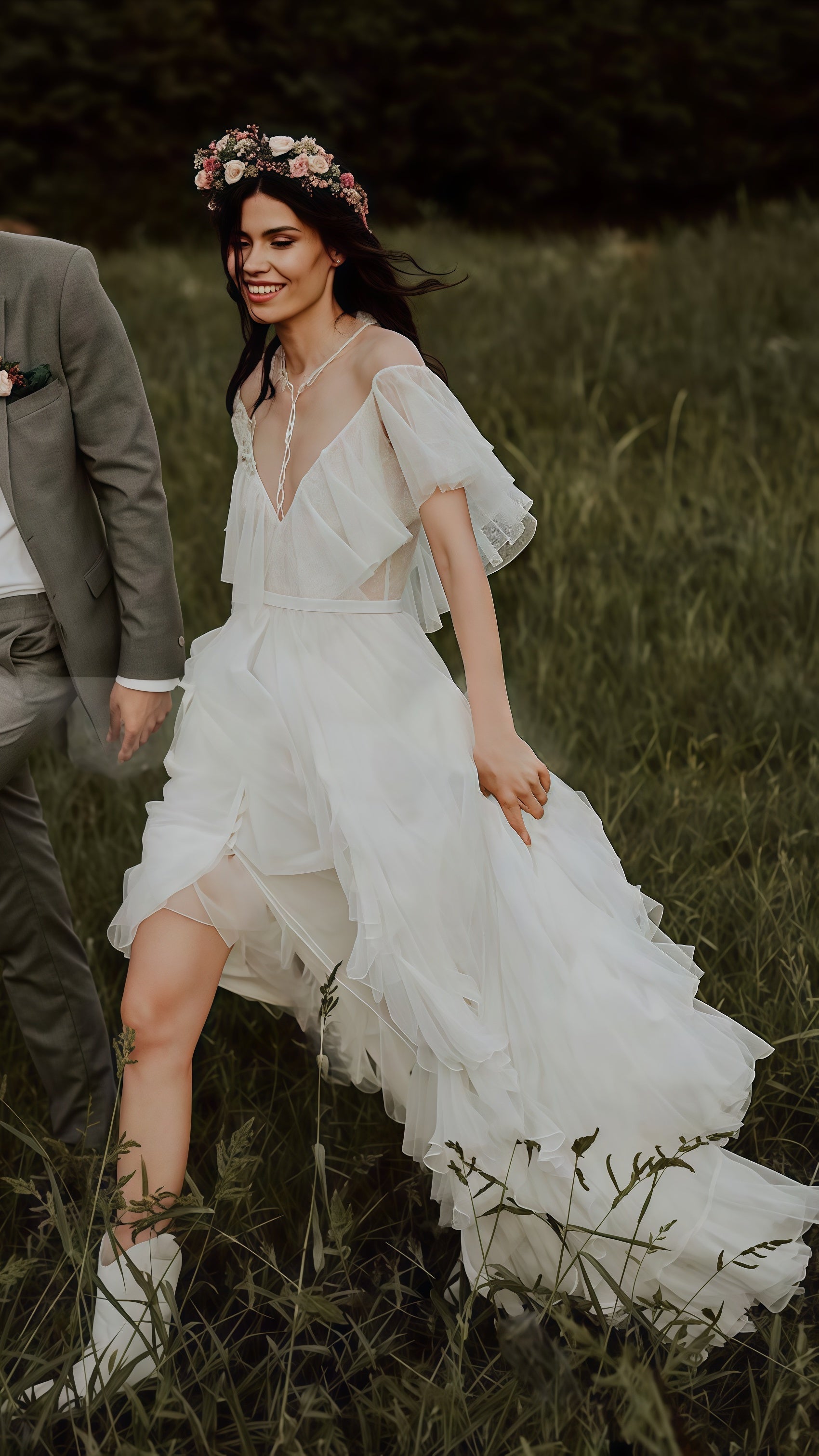 Vintage Lace Ruffle Prom Dress, White Wedding Dresses With Slit