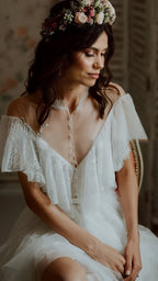Vintage Lace Ruffle Prom Dress, White Wedding Dresses With Slit
