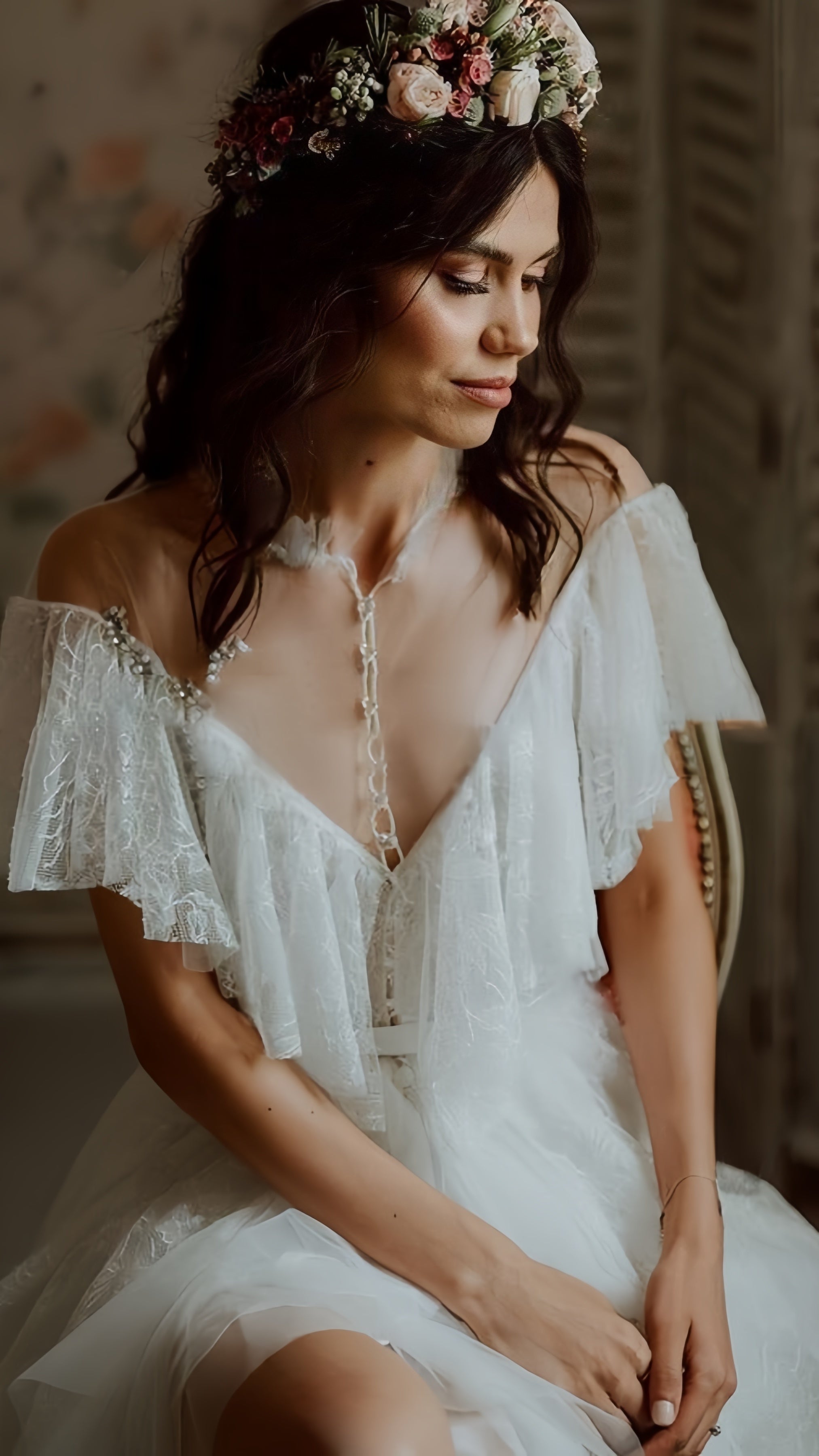 Vintage Lace Ruffle Prom Dress, White Wedding Dresses With Slit