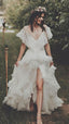Vintage Lace Ruffle Prom Dress, White Wedding Dresses With Slit