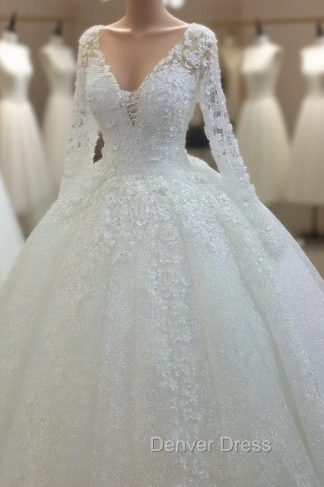 Vintage Lace Wedding Dresses V Neck Long Sleeves With Flowers