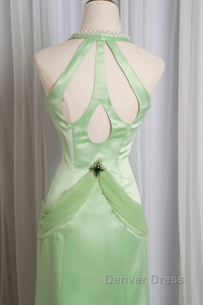 Vintage Light Green Mermaid Halter Satin Beaded Long Prom Dresses Secondary image