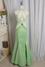 Vintage Light Green Mermaid Halter Satin Beaded Long Prom Dresses
