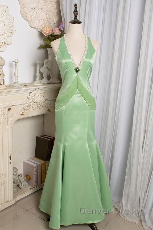 Vintage Light Green Mermaid Halter Satin Beaded Long Prom Dresses