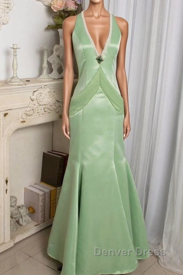 Vintage Light Green Mermaid Halter Satin Beaded Long Prom Dresses