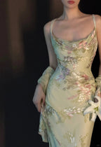 Vintage Light Green Printed Mermaid Strap Chiffon Long Prom Dresses Evening Dresses