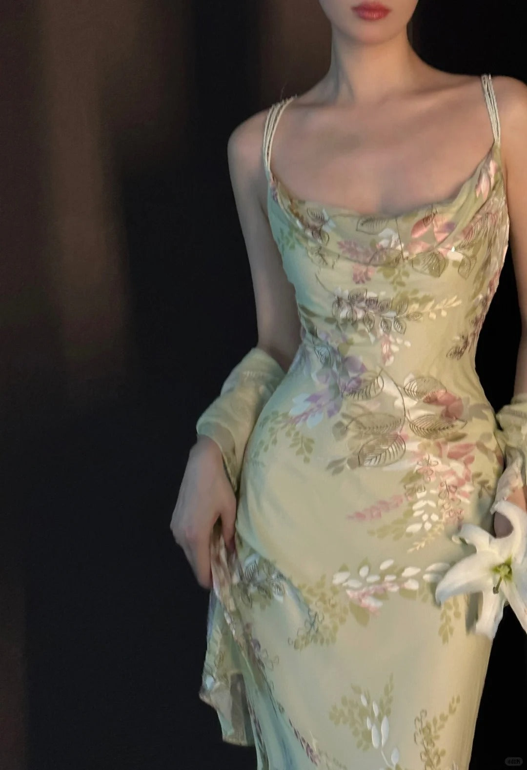 Vintage Light Green Printed Mermaid Strap Chiffon Long Prom Dresses Evening Dresses