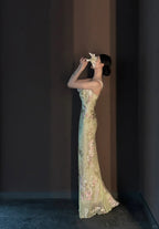 Vintage Light Green Printed Mermaid Strap Chiffon Long Prom Dresses Evening Dresses