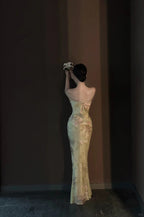 Vintage Light Green Printed Mermaid Strap Chiffon Long Prom Dresses Evening Dresses