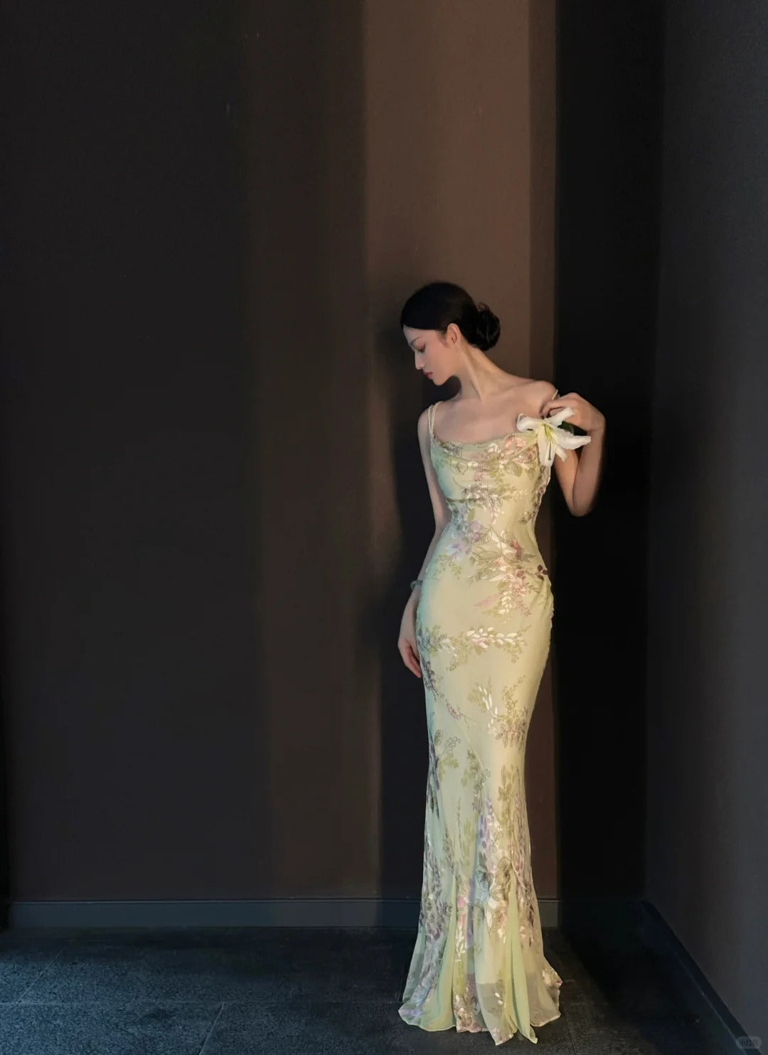 Vintage Light Green Printed Mermaid Strap Chiffon Long Prom Dresses Evening Dresses