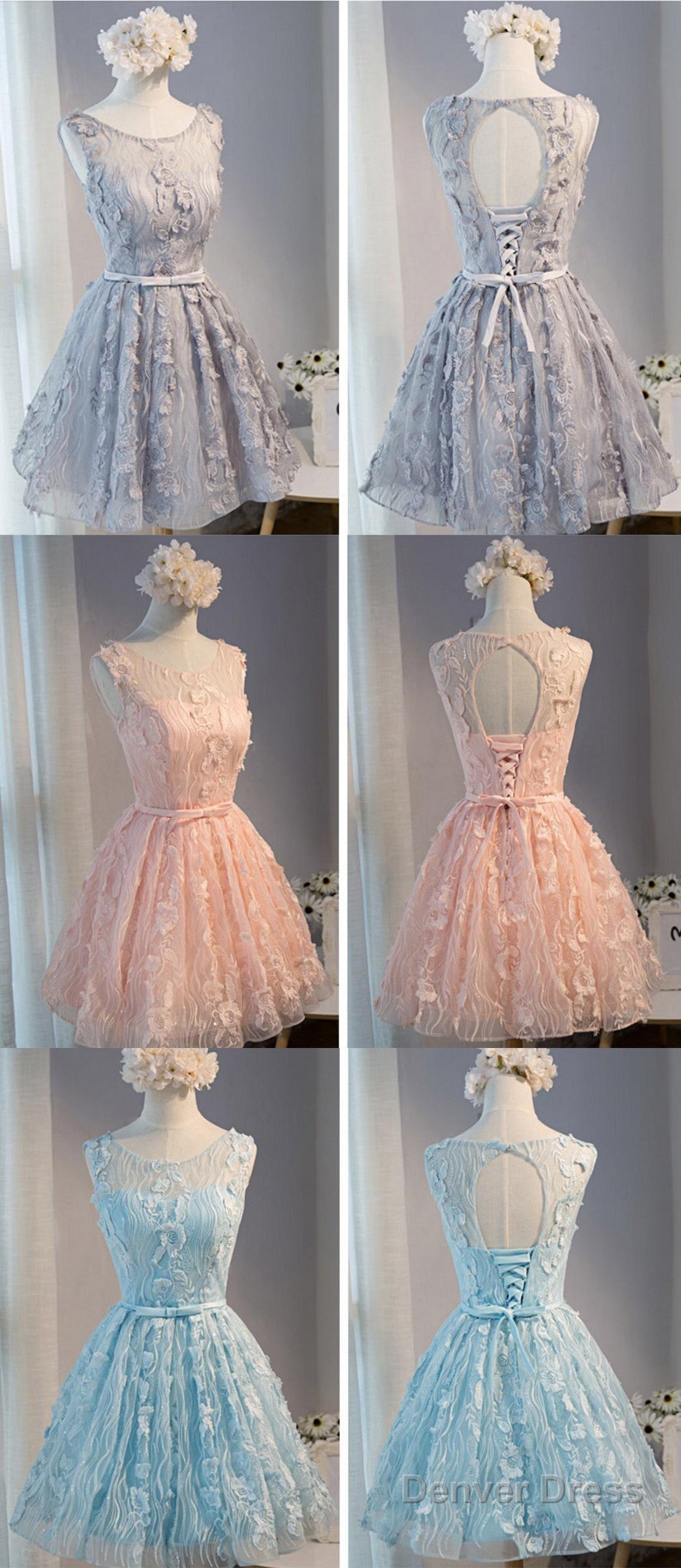 Vintage Light Grey Clairvoyant Outfit Sleeveless Appliques Keyhole Lace Up Back Bow Sash Homecoming Dresses