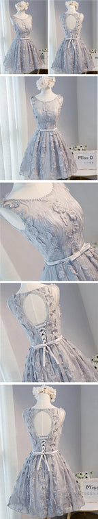 Vintage Light Grey Clairvoyant Outfit Sleeveless Appliques Keyhole Lace Up Back Bow Sash Homecoming Dresses