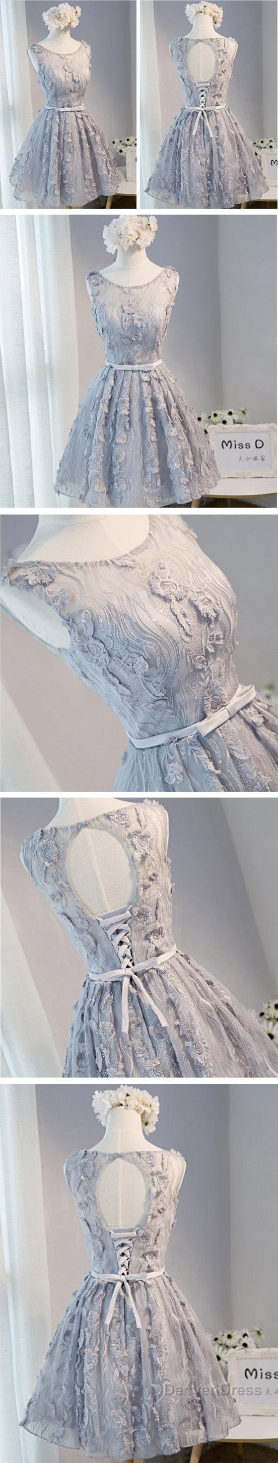 Vintage Light Grey Clairvoyant Outfit Sleeveless Appliques Keyhole Lace Up Back Bow Sash Homecoming Dresses