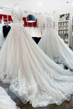 Vintage Long A-line Jewel Tulle Ruffles Wedding Dresses with Lace Appliques
